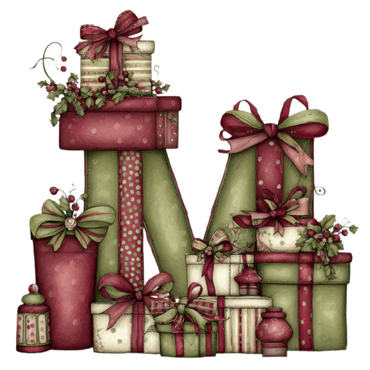 burgundy, wine red, sage green, cream, dusty rose, gift boxes, bows, ribbons, holiday, christmas, festive, presents, polka dots, striped, whimsical, vintage, elegant, traditional, berries, foliage, decorative, celebration, seasonal, winter, gift wrap inspired, stacked presents, ornamental bows, retro, timeless, greeting card style