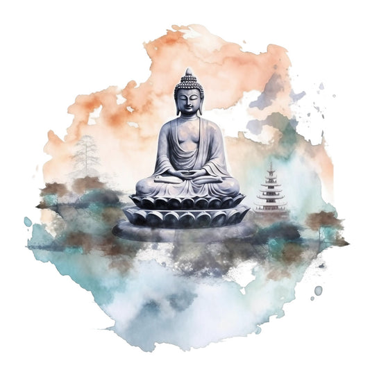 watercolor, buddha, meditation, lotus base, pagoda, peach, coral, teal, aqua, gray, serene, spiritual, zen, asian inspired, sitting pose, fabric panel, quilting cotton, peaceful, tranquil, watercolor wash, religious figure, buddhist art, soft colors, dreamy background