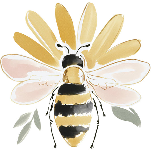 bee, honey bee, bumblebee, yellow, gold, black, cream, white, soft green, sage green, pale pink, blush, floral, flower, daisy, nature, botanical, insects, whimsical, spring, summer, garden, pollinator, adorable, sweet, charming, illustration art, watercolor style, cottagecore
