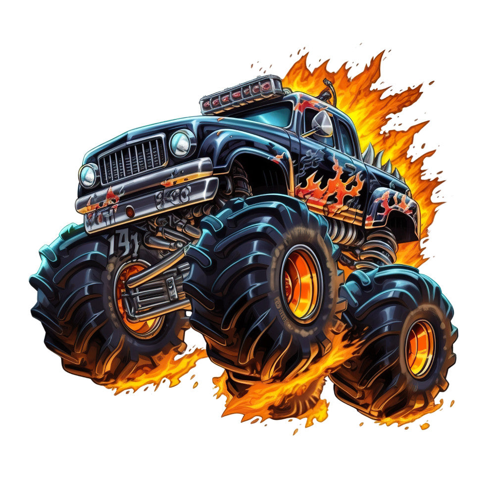 Monster Truck Crushes Fabric Panel 13 featuring a fierce black monster truck with flames and oversized wheels in motion artwork.