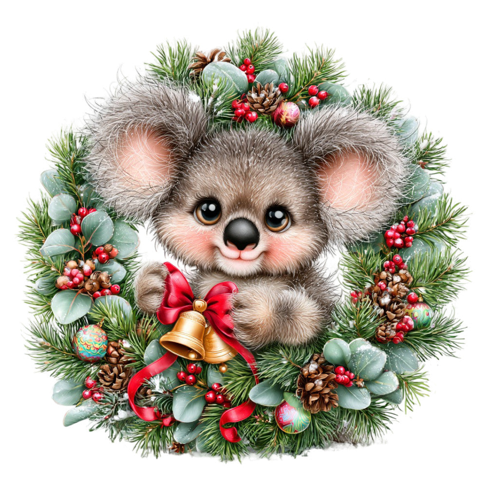 cute koala, christmas, holiday, festive, wreath, evergreen, pine branches, red berries, gold bells, red ribbon, soft gray, sage green, cream, blush pink, whimsical, children's, baby, nursery, animal, woodland, nature, winter, seasonal, decorative, charming, sweet, innocent, playful, traditional christmas, festive design