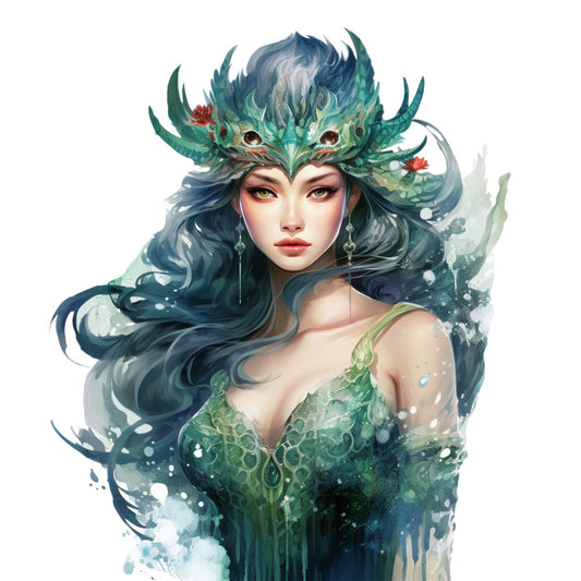 fantasy woman, mermaid character, teal hair, ocean blues, seafoam green, aqua tones, mythical creature, water goddess, ornate headdress, flowing hair, watercolor style, ethereal beauty, fabric panel, quilting cotton, sea fantasy, underwater theme, magical portrait, ocean spirit, turquoise palette, enchanted character