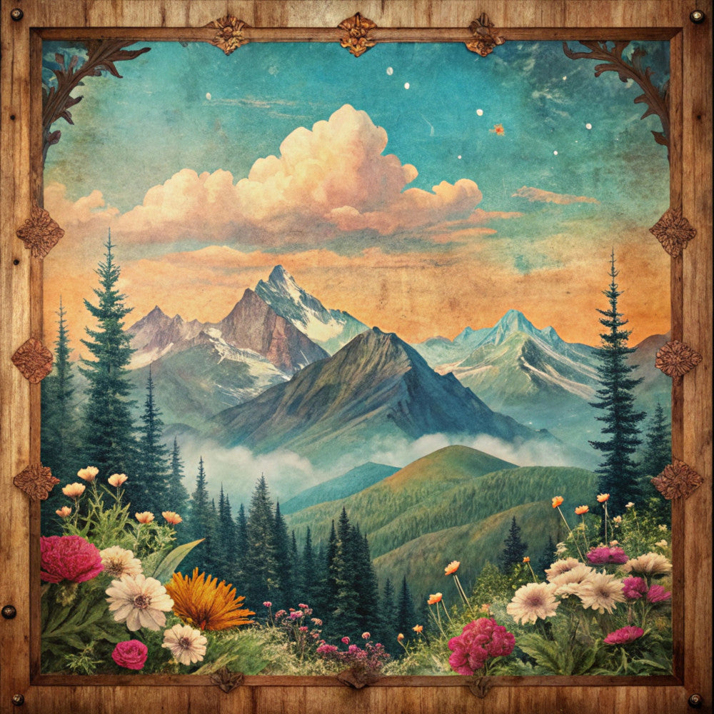 turquoise sky, mountain landscape, snow-capped peaks, evergreen trees, wildflowers, pink blooms, orange flowers, fabric panel, quilting cotton, nature scene, alpine meadow, wooden frame border, sunset colors, decorative corners, wilderness vista, floral foreground, coniferous forest, peaceful scenery, outdoor theme, botanical elements