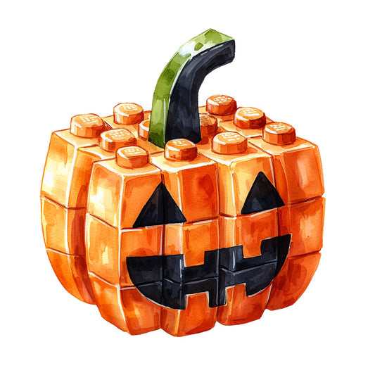 orange, black, green, watercolor, building blocks, pumpkin, jack-o-lantern, halloween, autumn, fall, fabric panel, quilting, cotton, seasonal, spooky, carved face, stem, interlocking blocks, geometric, children's fabric