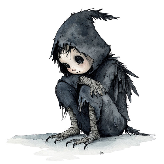 charcoal gray, dark gray, black, monochromatic, birds, ravens, crows, gothic, dark fantasy, whimsical, illustration, character design, anime-inspired, creature, winged figure, dark art, moody, atmospheric, fantasy illustration, children's design, storybook art, alternative style, contemporary art, detailed line work, watercolor effect, textured, autumn, winter, goth aesthetic