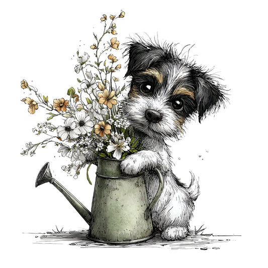 puppy, dog, terrier, flowers, floral, watering can, botanical, nature, animals, pets, whimsical, cute, charming, black and white, cream, tan, gold, yellow, green, vintage, illustration, sketch, springtime, spring, summer, garden, gardening, children, kids, baby