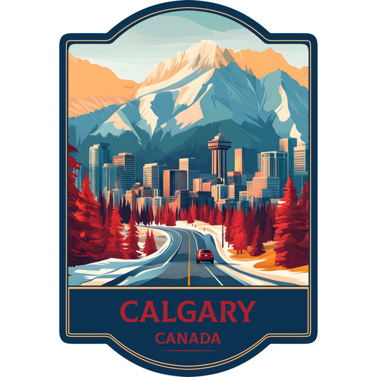 calgary, canada, cityscape, mountain landscape, snow-capped peaks, travel, vintage travel poster, retro style, scenic landscape, road trip, highway, forest, evergreen trees, red trees, autumn colors, orange mountains, teal blue, navy blue, cream, gold accents, nature themed, adventure, wanderlust, modern retro, art deco, destination panel, wall hanging, landscape panel, geographical, canadian themed