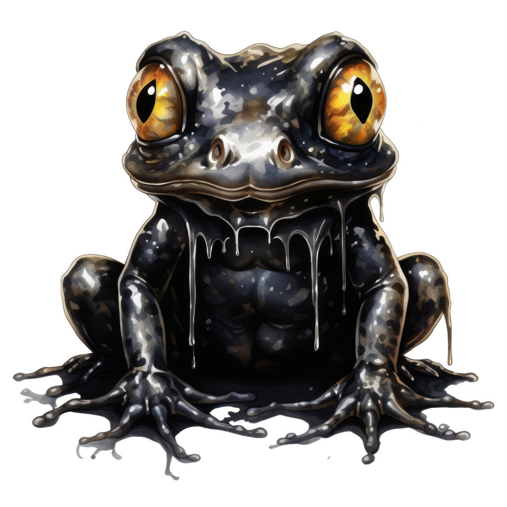black toad, golden eyes, dark fantasy, whimsical creature, amphibian, nature themed, charcoal black, burnt orange, metallic accents, gothic style, dripping details, quirky animals, storybook illustration, dark whimsy, magical creatures, Halloween, moody colors, creature feature, artistic print, contemporary style, bold eye contact, dimensional shading, enchanted forest, dark academia, fantasy art, creepy cute, illustrative design, steampunk inspired, mysterious character