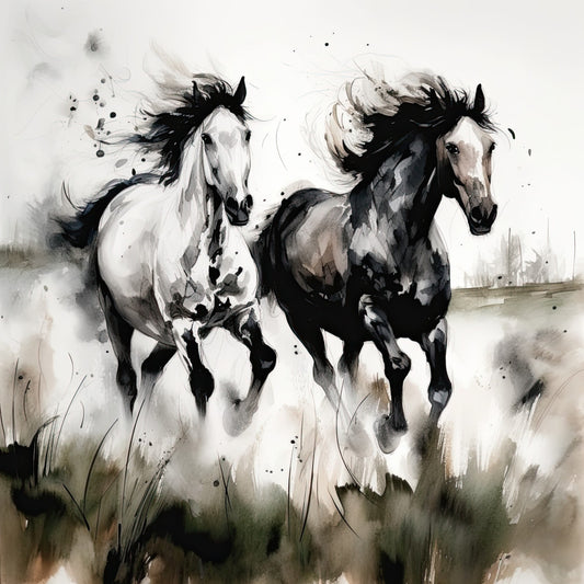 black horses, white horses, horse art, equestrian, watercolor horses, ink wash, charcoal drawing, monochromatic, black and white, grayscale, two horses, running horses, galloping, wild horses, pastoral, countryside, field, nature, animals, artistic, modern art style, contemporary, sketch style, ink splatter, splatter art, expressive, dynamic movement, elegant, sophisticated, rustic