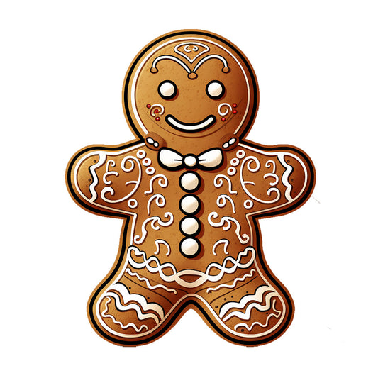 Cute Christmas Gingerbread Man Fabric Panel 2 featuring a detailed smiling gingerbread man with white icing designs on premium quilting cotton.