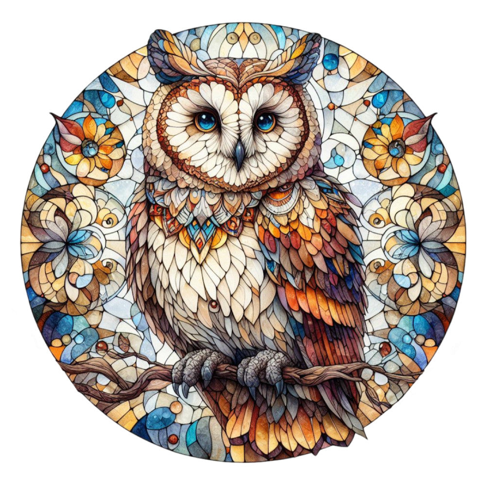 stained glass, owl, fabric panel, circular design, mandala, blue eyes, orange feathers, brown plumage, geometric patterns, floral motifs, kaleidoscope, mosaic style, ornate wings, decorative border, jewel tones, amber, turquoise, cream, quilting cotton, symmetrical design, nature inspired, intricate details