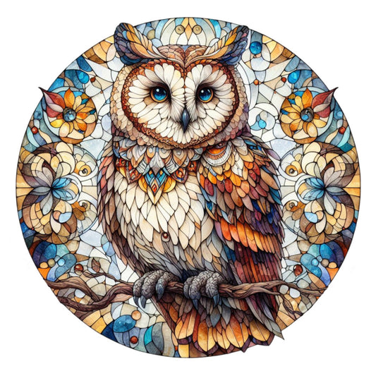 stained glass, owl, fabric panel, circular design, mandala, blue eyes, orange feathers, brown plumage, geometric patterns, floral motifs, kaleidoscope, mosaic style, ornate wings, decorative border, jewel tones, amber, turquoise, cream, quilting cotton, symmetrical design, nature inspired, intricate details