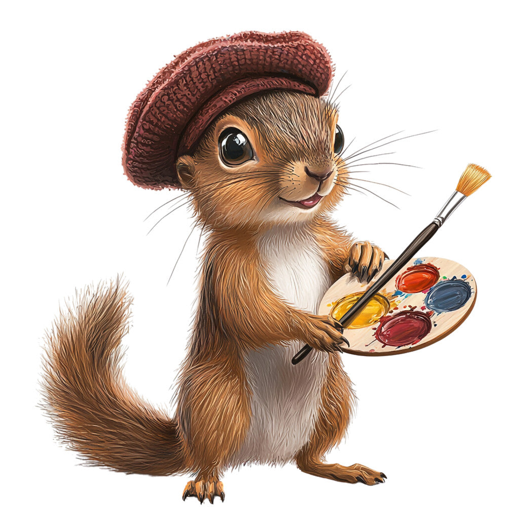 squirrel, artist squirrel, brown fur, burgundy beret, paint palette, paintbrush, whimsical, cute animal, fabric panel, quilting cotton, children's fabric, woodland creature, art theme, creative, playful design, orange colors, red colors, blue colors, cartoon style, animal illustration