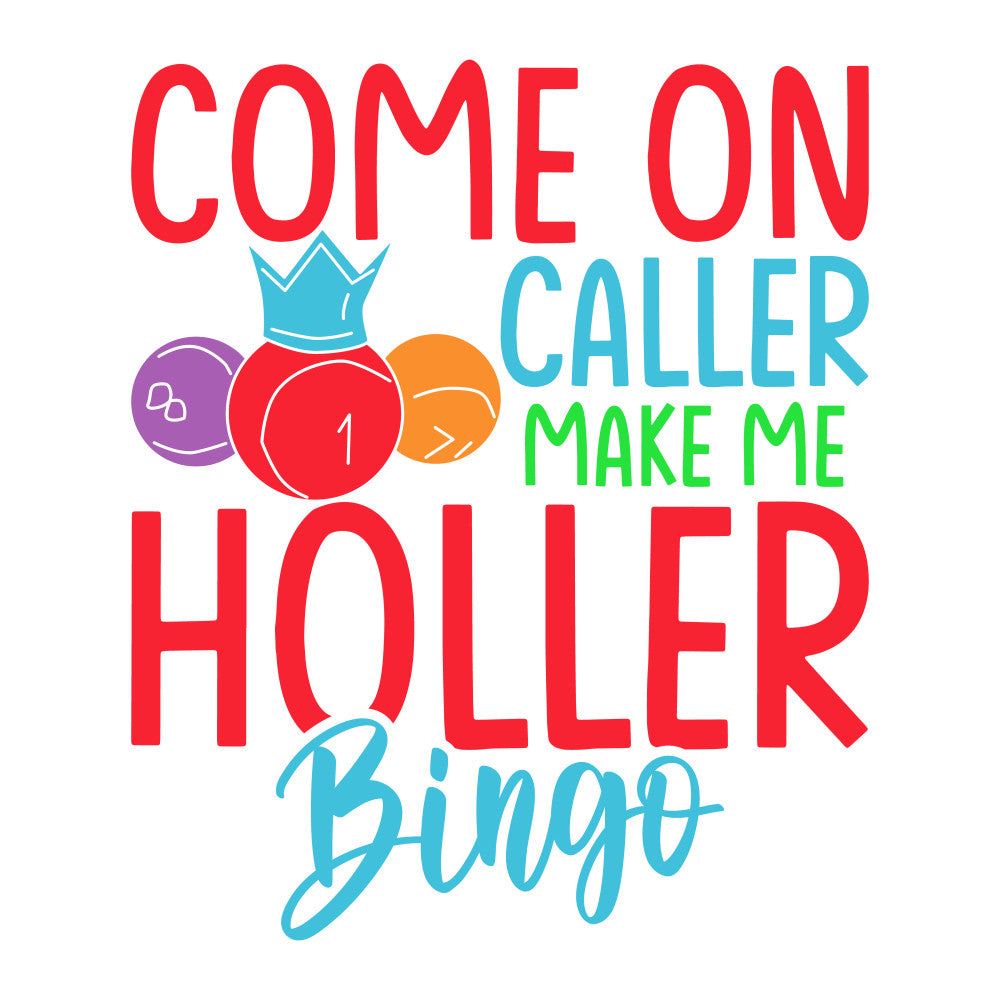 red text, blue text, green text, purple circles, orange circles, bingo balls, crown illustration, playful design, gaming theme, fabric panel, quilting cotton, colorful graphics, recreational activity, bright colors, casual style, hobby themed, entertainment motif, craft material, sewing panel