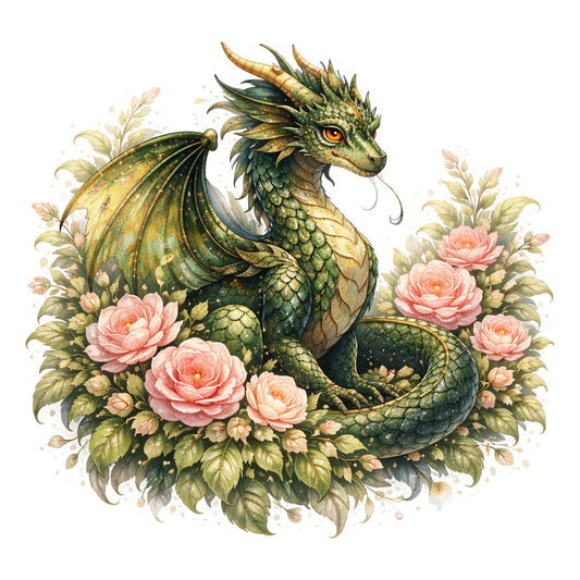 dragon, fantasy, mythical creature, green, gold, sage green, forest green, cream, dusty rose, coral pink, peach, floral, roses, peonies, nature, whimsical, elegant, botanical, leaves, foliage, ornate, detailed illustration, decorative, romantic, garden, spring, summer, wall hanging, art print, fantasy animal