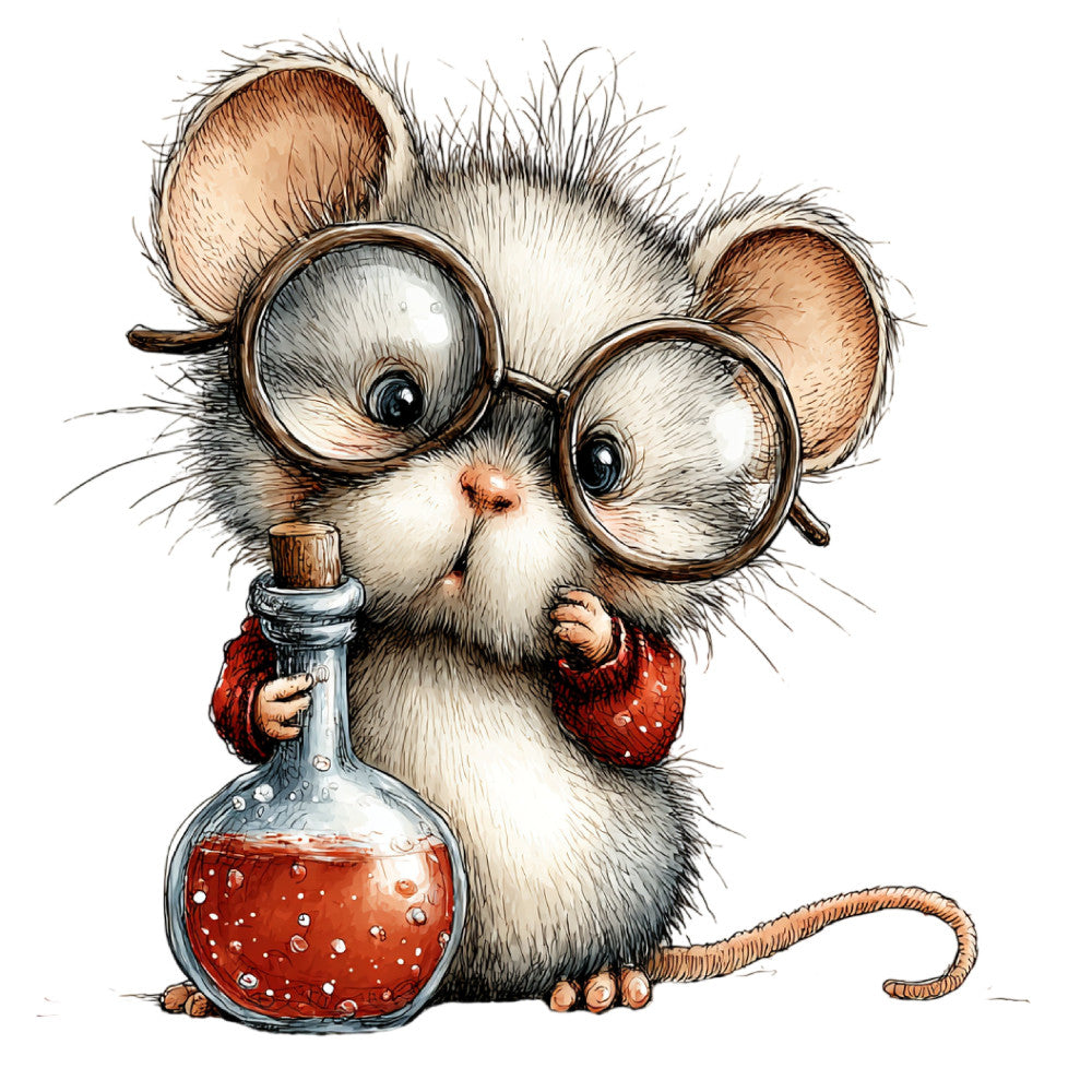 whimsical mouse, adorable animals, steampunk, vintage goggles, potion bottle, laboratory, scientific, curious creature, brown and white, cream colored, rust red, burnt orange, character panel, storybook illustration, fantasy, magical, quirky, humorous, children's fabric, baby quilt, wall hanging, nursery decor, playful, literary, intellectual, cute animals, retro aesthetic, cottage core, illustration art