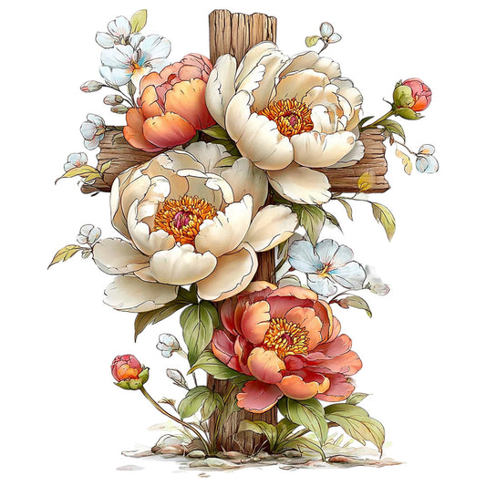 cream, coral, peach, white, brown, wooden cross, peonies, floral bouquet, religious symbol, watercolor style, fabric panel, quilting cotton, botanical design, spring flowers, soft pastels, rustic wood, blooming flowers, garden florals, faith themed, cotton fabric