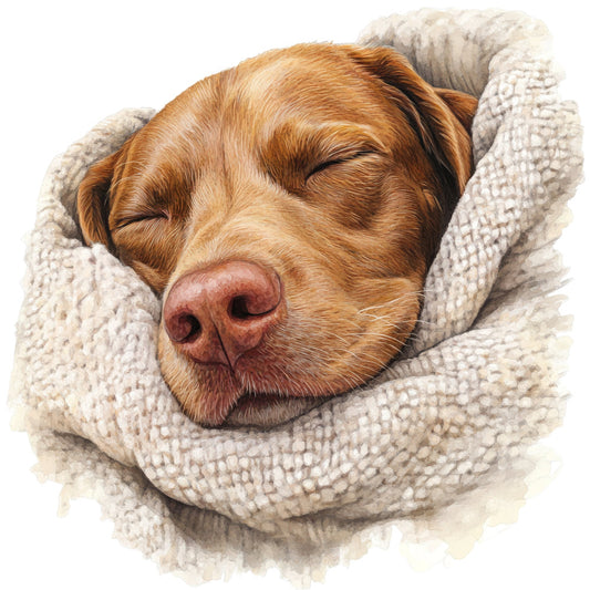 sleeping dog, brown dog, golden brown, cream, beige, tan, warm tones, cozy, animal portrait, dog lover, pet themed, realistic illustration, puppy, comfort, snuggled, wrapped in blanket, peaceful, serene, restful, whimsical, sweet, gentle, nursery, dog panel, pet portrait, blanket wrapped, adorable, family friendly, warm and fuzzy, cottage core