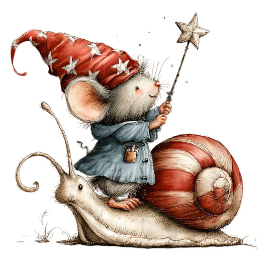 whimsical gnome, red hat, snail, magic wand, star wand, woodland creatures, fantasy, storybook, children's illustration, cream, red, navy blue, charcoal gray, autumn, holiday, christmas, magical, enchanted, nature, garden snail, pointed hat, decorative, illustrative, vintage style, fairy tale, whimsy, festive, seasonal, wall hanging, baby quilt