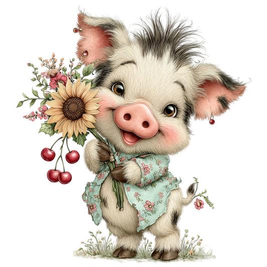 cute pig, whimsical, farmhouse, sage green, blush pink, coral pink, sunflower, wildflowers, cherries, floral, animal lover, pastoral, cottage core, spring, summer, vintage, adorable, character print, decorative panel, children's fabric, baby quilt, wall hanging, nature themed, garden, folk art, traditional, sweet, playful, illustrated animals, botanical