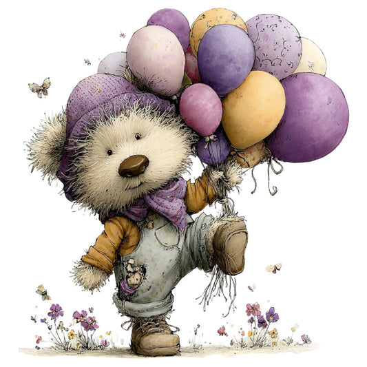 cute teddy bear, whimsical animals, purple balloons, pastel colors, soft watercolor, children's illustration, nursery decor, baby shower, storybook style, vintage children's, butterflies, wildflowers, spring themed, soft purple, dusty rose, golden yellow, cream, woodland creatures, playful design, illustrated animals, gentle style, soft pastels, character fabric, picture panel, quilt panel, sweet whimsical, nature inspired, enchanted forest, children's bedding, decorative illustration