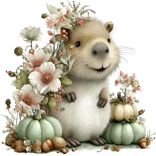 capybara, woodland animals, cute animals, whimsical, nature, floral, autumn, fall, harvest, pumpkins, gourds, cream, ivory, sage green, pale green, dusty rose, coral pink, warm neutrals, botanical, berries, flowers, rustic, farmhouse, vintage botanical, garden theme, autumn harvest, cottage core, children's fabric, animal illustration, detailed illustration
