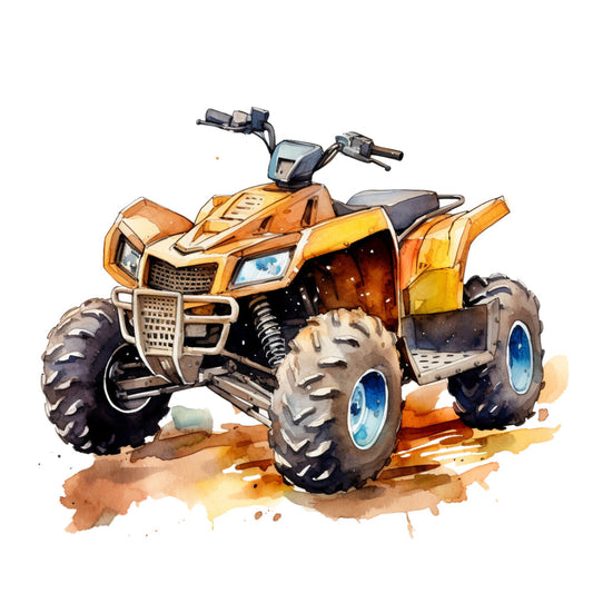 orange, yellow, brown, blue, watercolor style, atv, four wheeler, all-terrain vehicle, rugged tires, off-road vehicle, outdoor adventure, fabric panel, quilting cotton, transportation theme, automotive design, recreational vehicle, dirt splashes, mechanical details, sporty design, adventure themed