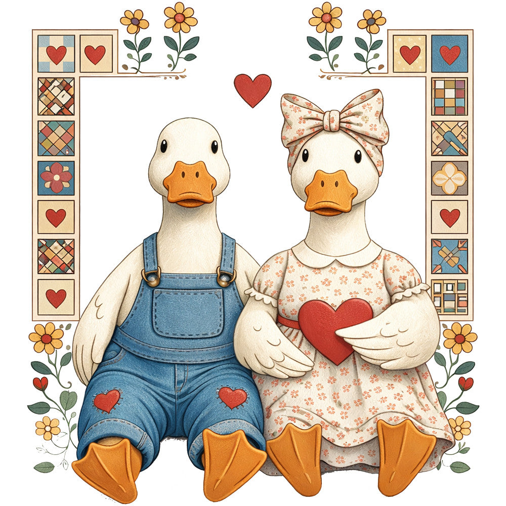 ducks, love, hearts, floral, farmhouse, whimsical, animals, country, vintage, cute, cream, denim blue, coral red, golden yellow, sage green, folk art, cottage core, patchwork, romantic, spring, summer, children's, baby, sweet, decorative motifs, bows, flowers, rustic, traditional, pastoral