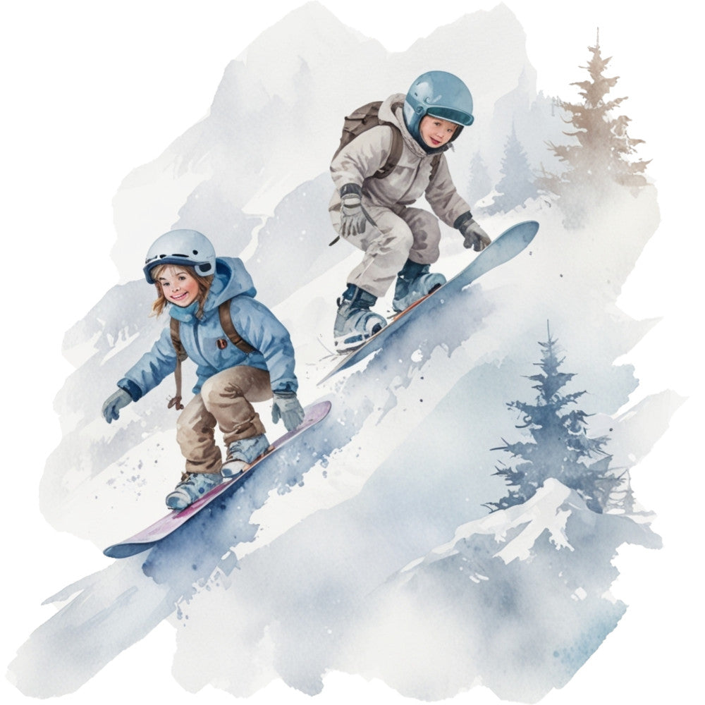 snowboarding children, winter sports, mountain landscape, watercolor style, blue tones, gray shades, white snow, evergreen trees, fabric panel, quilting cotton, ski slopes, outdoor adventure, cold weather gear, helmets and goggles, dynamic movement, snowy scene, alpine setting, recreational activity, youth snowboarders, winter wonderland
