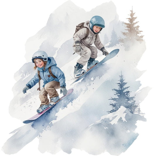 snowboarding children, winter sports, mountain landscape, watercolor style, blue tones, gray shades, white snow, evergreen trees, fabric panel, quilting cotton, ski slopes, outdoor adventure, cold weather gear, helmets and goggles, dynamic movement, snowy scene, alpine setting, recreational activity, youth snowboarders, winter wonderland