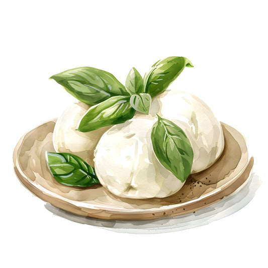 mozzarella, fresh cheese, basil, food illustration, culinary art, italian cuisine, farm fresh, cream white, sage green, pale green, kitchen decor, gourmet, rustic, food and beverage, appetizer, culinary theme, farmhouse style, elegant, Mediterranean, food art, cheese board, culinary design, culinary print, food themed, spring, summer, table linens, kitchen textiles, culinary fabric, food lovers