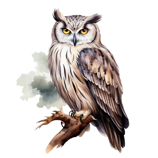 watercolor owl, brown owl, amber eyes, yellow eyes, feather details, branch perch, nature illustration, earth tones, beige, taupe, soft browns, fabric panel, quilting cotton, wildlife art, bird motif, realistic painting, woodland creature, natural colors, artistic rendering, crafting fabric