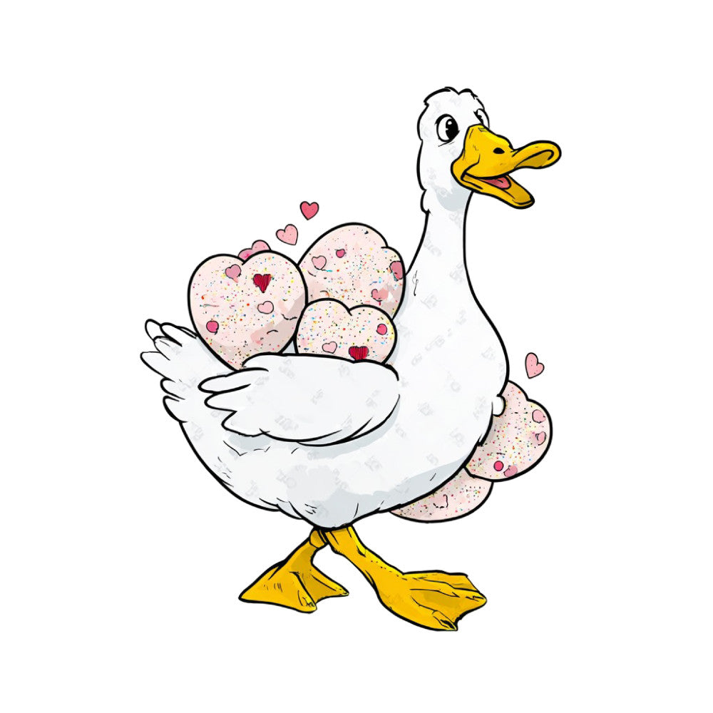 white duck, yellow bill, pale pink, blush pink, heart pattern, love motif, whimsical, farmhouse, baby, nursery, animal, bird, spring, sweet, cute, romantic, valentines, mother and baby, nesting, tender, charming, cheerful, children, kids, eggs, pastel colors, decorative panel, wall hanging