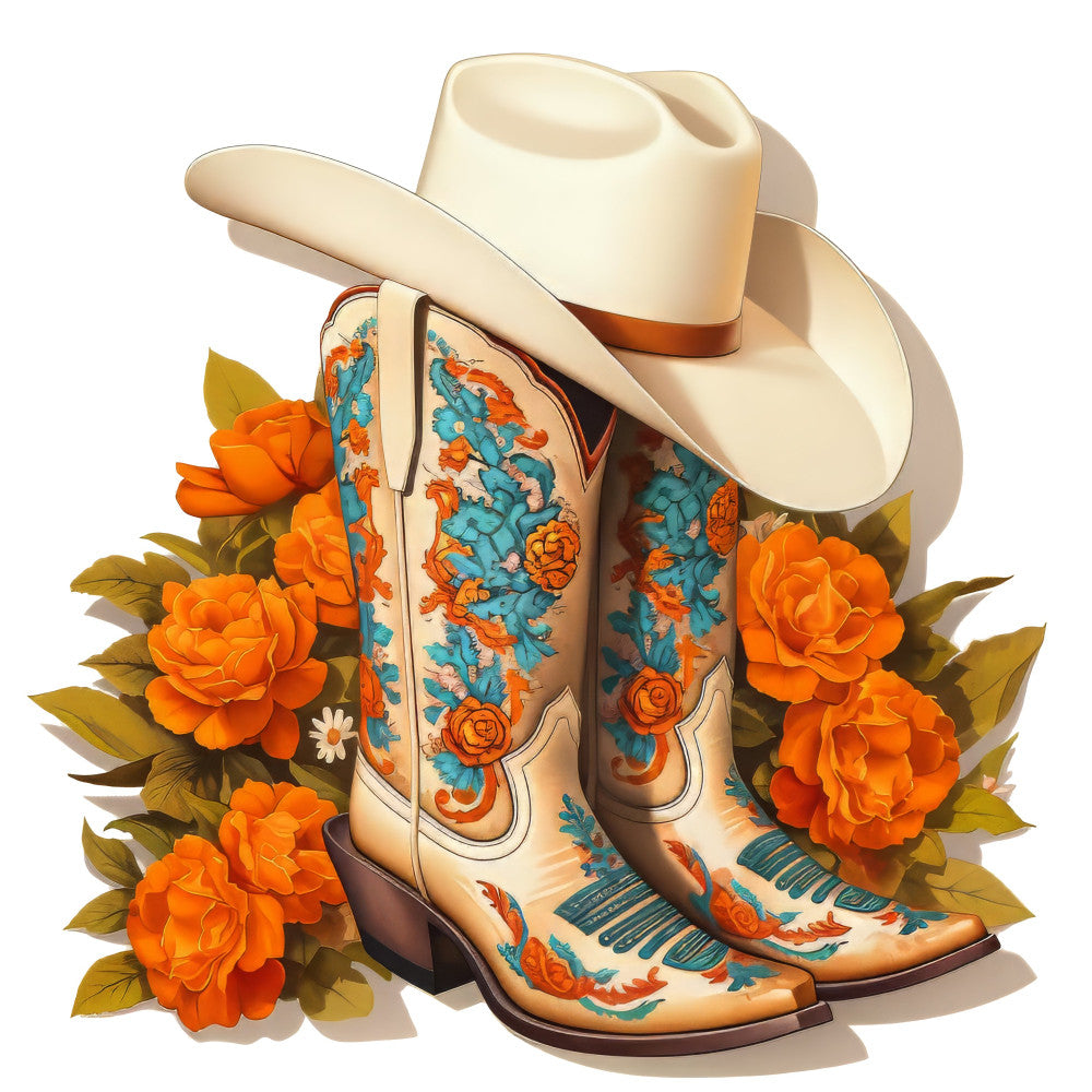 cowboy boots, western, cream, orange, turquoise, blue, floral, roses, flowers, botanical, vintage, rustic, country, southwestern, decorative boots, hat, cowboy hat, whimsical, folk art, embroidered, ornamental, autumn, fall, home decor, western style, traditional, romantic, harvest