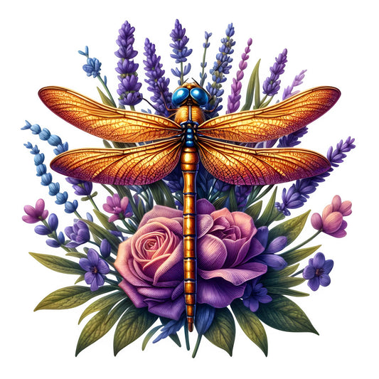 dragonfly, gold, orange, lavender, purple, rose pink, mauve, deep blue, navy, sage green, floral, nature, insects, botanical, elegant, whimsical, romantic, spring, summer, damselfly, winged creatures, garden, cottage core, vintage botanical, detailed illustration, multicolor, jewel tones, decorative, artistic, wildlife