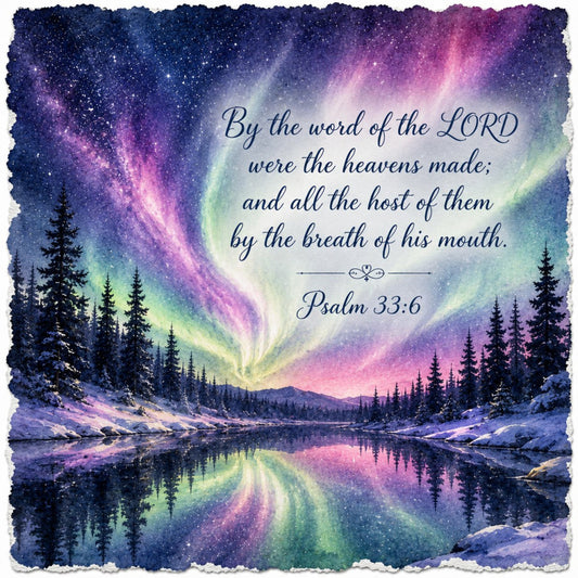 aurora borealis, northern lights, celestial, night sky, starry, purple, pink, blue, teal, green, navy, deep blue, galaxy, cosmic, winter, snowy landscape, forest, evergreen trees, lake reflection, spiritual, inspirational, scripture, religious, psalm, faith-based, nature scene, landscape, wilderness, serene, peaceful