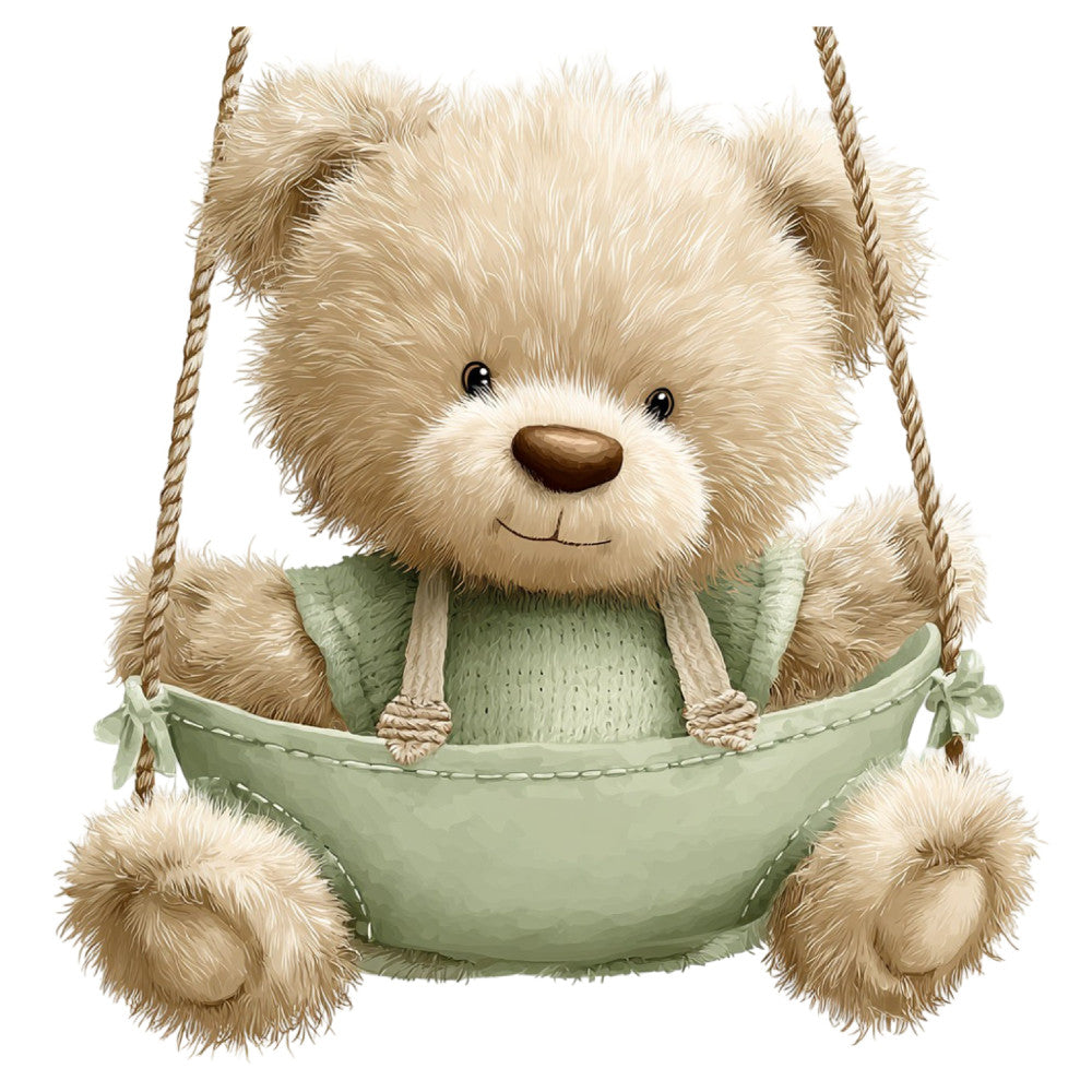 cream teddy bear, sage green, soft brown, beige, cute animals, whimsical, baby animals, nursery, gentle, sweet, playful, children's fabric, baby shower, gender neutral, soft pastels, rope swing, adorable bear, stuffed animal, kids theme, baby quilt, wall hanging, nursey decor, innocent, charming, illustration style, storybook, friendly, cozy, stuffed toy, child-friendly