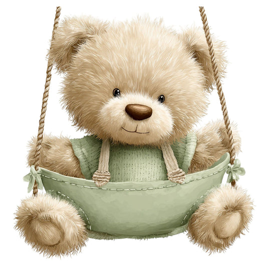 cream teddy bear, sage green, soft brown, beige, cute animals, whimsical, baby animals, nursery, gentle, sweet, playful, children's fabric, baby shower, gender neutral, soft pastels, rope swing, adorable bear, stuffed animal, kids theme, baby quilt, wall hanging, nursey decor, innocent, charming, illustration style, storybook, friendly, cozy, stuffed toy, child-friendly