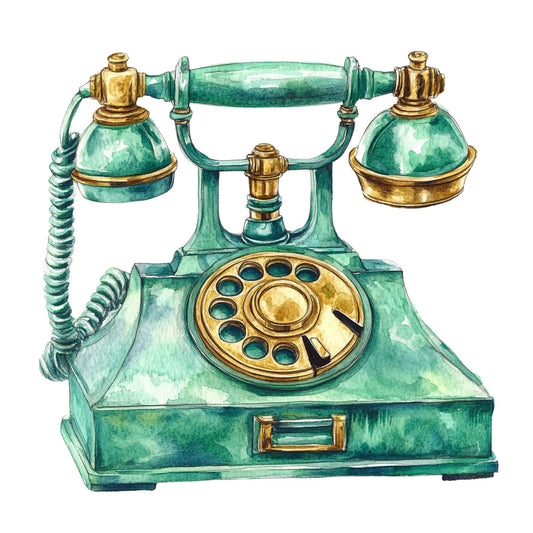 vintage telephone, retro phone, emerald green, seafoam green, turquoise, brass gold, antique style, steampunk, victorian, nostalgic, whimsical, elegant, rotary phone, classic design, timeless, home decor, wall hanging, conversation print, decorative motifs, old-fashioned, traditional style, ornate, collectible, novelty print, statement fabric, themed print, cottage style, eclectic, artistic illustration