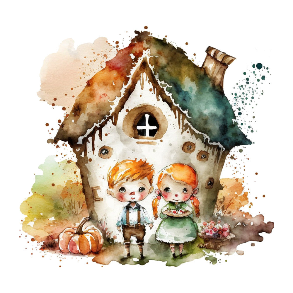 whimsical, storybook, fairy tale, gingerbread house, children, illustration, watercolor, autumn, fall, harvest, pumpkin, orange hair, red hair, adorable, cute, cottage core, farmhouse, vintage, nostalgic, rustic, brown, cream, white, forest green, rust orange, gold, sage green, cross window, nature-inspired, seasonal