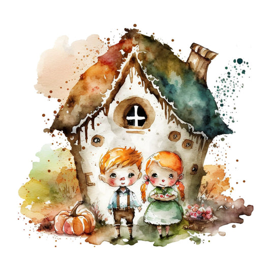 whimsical, storybook, fairy tale, gingerbread house, children, illustration, watercolor, autumn, fall, harvest, pumpkin, orange hair, red hair, adorable, cute, cottage core, farmhouse, vintage, nostalgic, rustic, brown, cream, white, forest green, rust orange, gold, sage green, cross window, nature-inspired, seasonal
