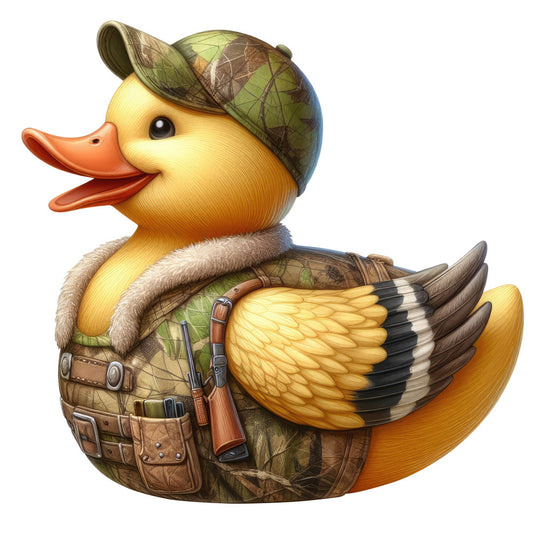 duck, hunting, adventure, explorer, woodland, camo, camouflage, rifle, backpack, gear, yellow, tan, brown, olive green, cream, orange, rustic, vintage, outdoor, nature, whimsical, character, anthropomorphic, waterfowl, safari, novelty, children's, boys, autumn, harvest