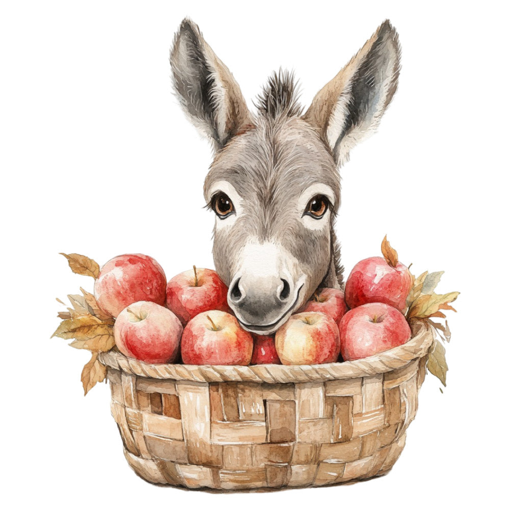 donkey, farm animals, rustic, farmhouse, autumn, fall, harvest, basket, apples, red apples, cream, beige, tan, brown, whimsical, woodland, countryside, sweet, cute animals, nature, seasonal, thanksgiving, countryside charm, pastoral, folk art, children's, nursery, gentle, soft colors, fabric panel