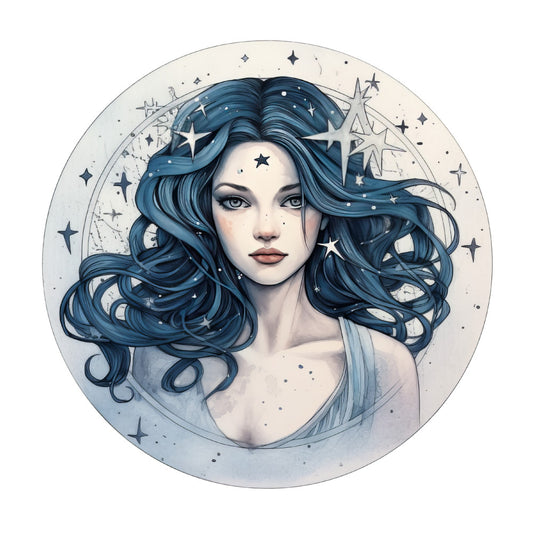 celestial, stars, navy blue, dark blue, midnight blue, pale cream, ivory, woman face, portrait, mystical, dreamy, whimsical, elegant, bohemian, cosmic, night sky, galactic, sparkles, ethereal, fantasy, magical, goddess, moon phase, constellation, flowing hair, art deco, modern, circular panel, wall hanging, home decor