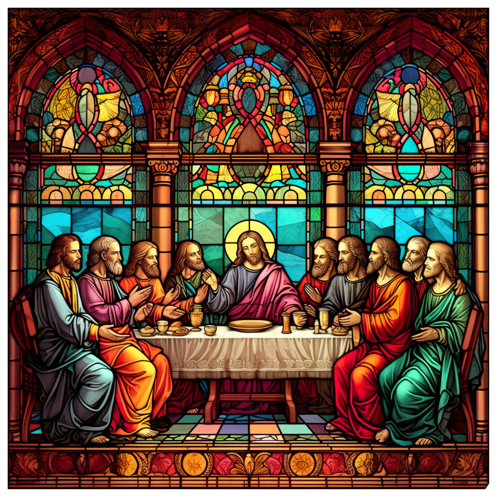 stained glass, religious, last supper, jesus christ, apostles, spiritual, faith, burgundy, deep red, gold, yellow, turquoise, cyan blue, emerald green, orange, traditional, ornate, gothic, cathedral, biblical, christian, religious artwork, vintage religious, formal dining, elegant, decorative, architectural, arched windows, halo, sacred