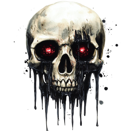 skull, skeleton, glowing eyes, red eyes, gothic, dark, black, cream, white, bone, dripping paint, ink drips, splatter, abstract, edgy, modern, alternative, punk, grunge, halloween, horror, macabre, dark art, artistic, contemporary, rebellious, bold, striking, eye-catching, wall hanging