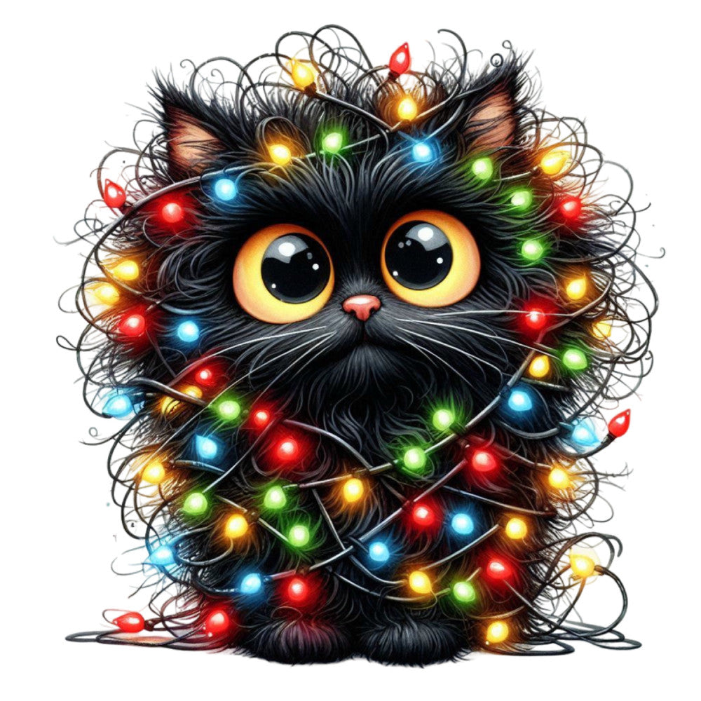 black cat, golden yellow eyes, colorful lights, christmas lights, holiday, festive, whimsical, cute cat, multicolor, red lights, blue lights, green lights, yellow lights, christmas themed, winter holiday, magical, playful, animal motif, pet themed, illuminated, cheerful, bright colors, decorative panel, wall art, seasonal, cozy, charming, child-friendly, fantasy style