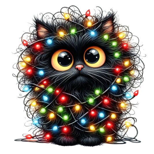black cat, golden yellow eyes, colorful lights, christmas lights, holiday, festive, whimsical, cute cat, multicolor, red lights, blue lights, green lights, yellow lights, christmas themed, winter holiday, magical, playful, animal motif, pet themed, illuminated, cheerful, bright colors, decorative panel, wall art, seasonal, cozy, charming, child-friendly, fantasy style