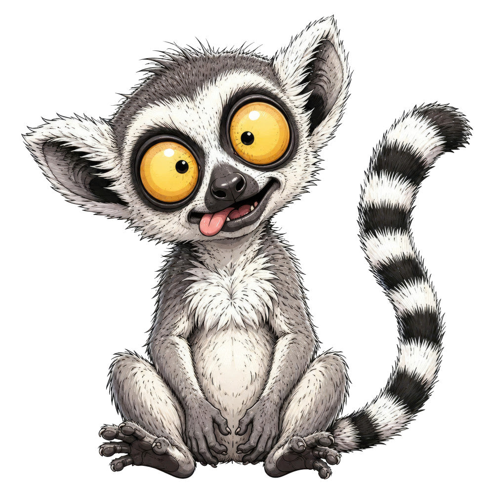 lemur, ring-tailed lemur, yellow eyes, white and gray, black and white, charcoal gray, cream white, whimsical, playful, cute, cartoon, animal print, wildlife, madagascar, primate, novelty print, children's fabric, kids panel, funny animals, expressive eyes, tongue out, happy expression, contemporary, illustration style, nature-inspired, quirky, fun print, baby fabric