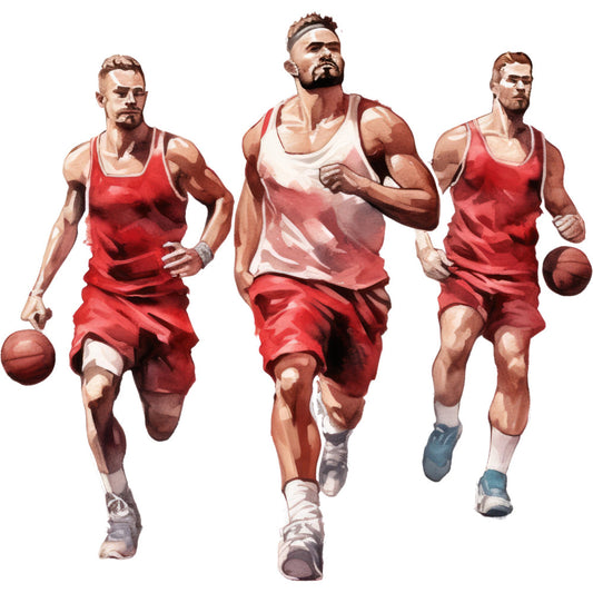 basketball, sports, athletes, red, cream, white, burgundy, rust, tan, active wear, men, dynamic, action, movement, modern, casual, contemporary, athletic, competitive, team sports, fitness, gym, recreation, indoor sports, ball, muscular, energetic, vibrant